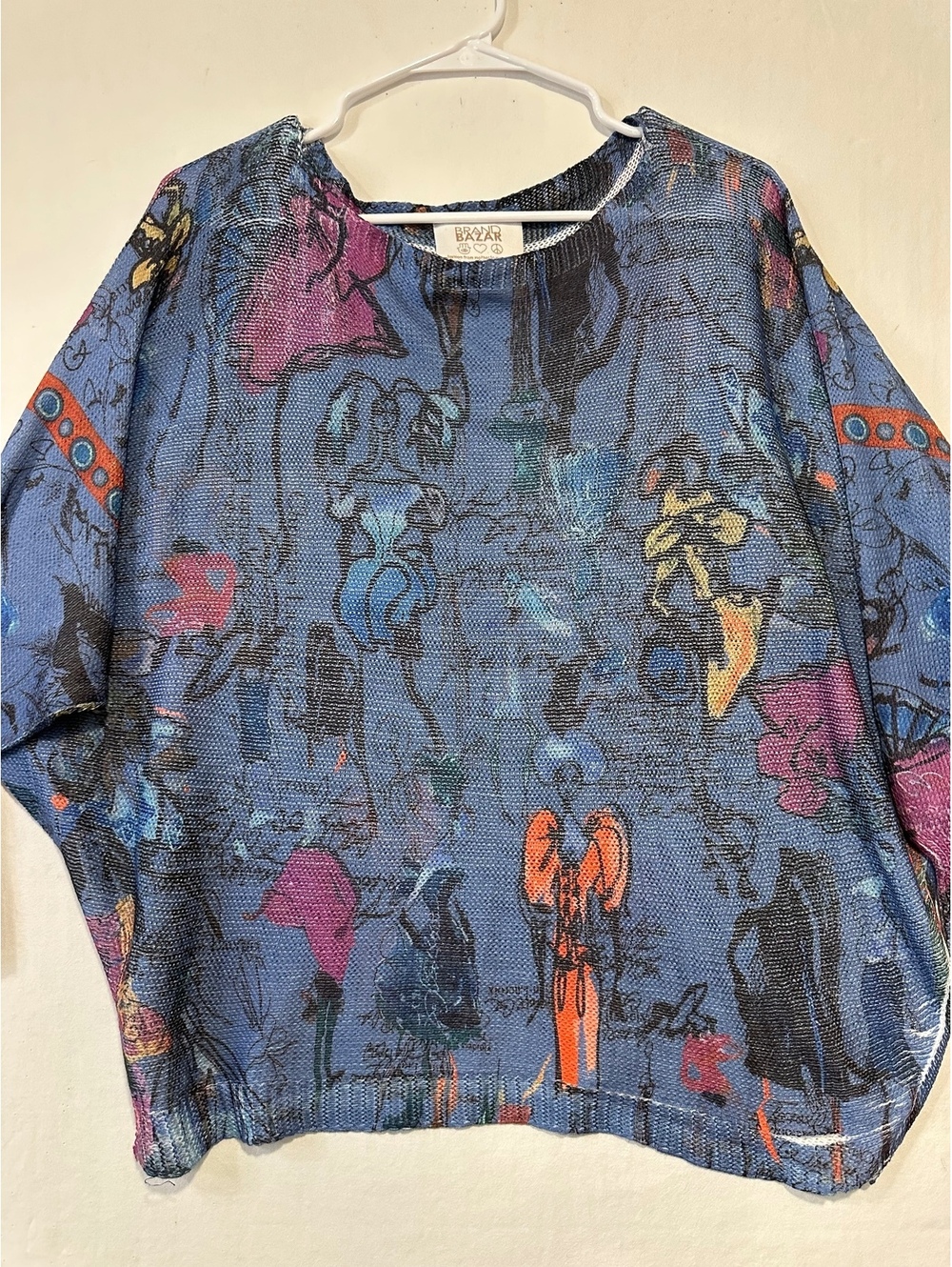 Brand Bazar Graphic Art Print Knit Sweater Oversized Dolman Blue Multicolor